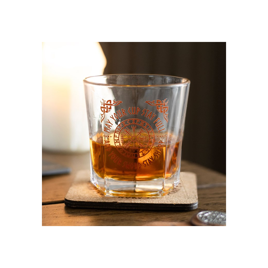 Viking Compass Lowball Drinking Glass with Coaster – Vegvisir Norse Whiskey Glass