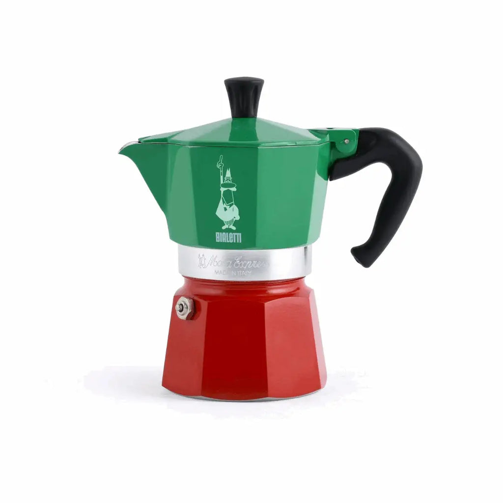 Green and red espresso maker on a white background