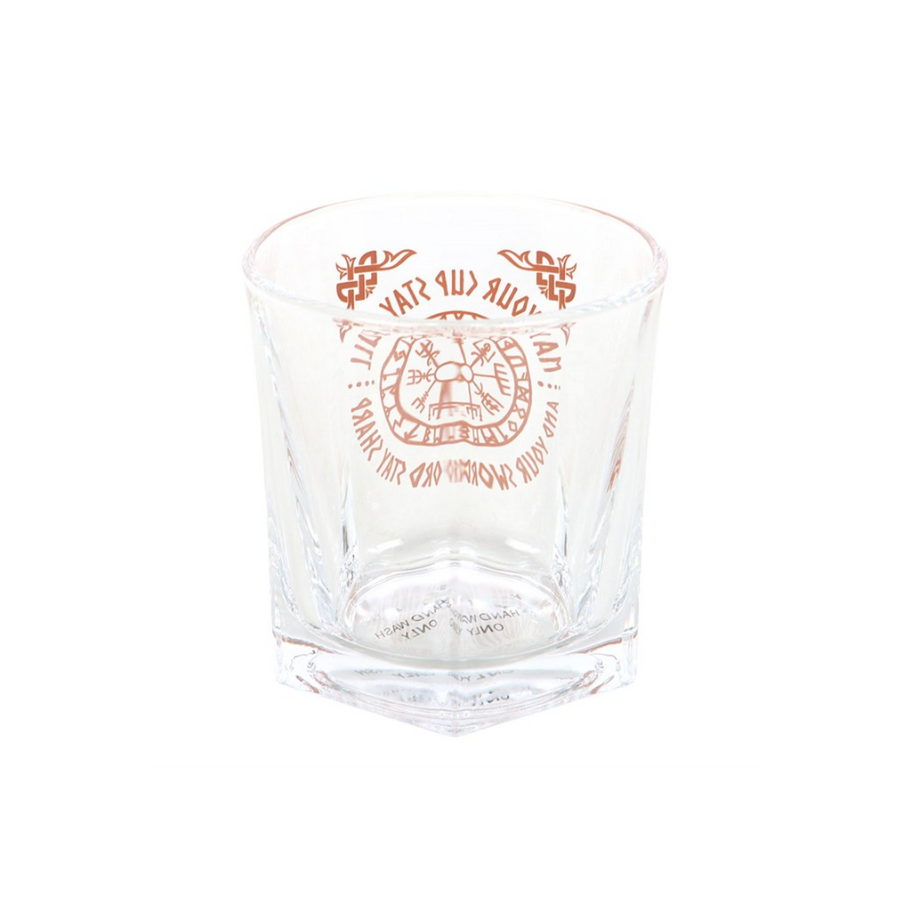 Clear glass with red text and design on a white background