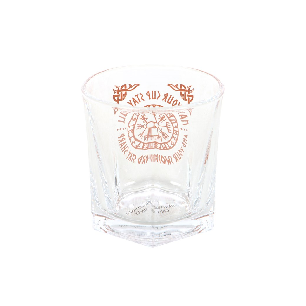 Clear glass with red text and design on a white background