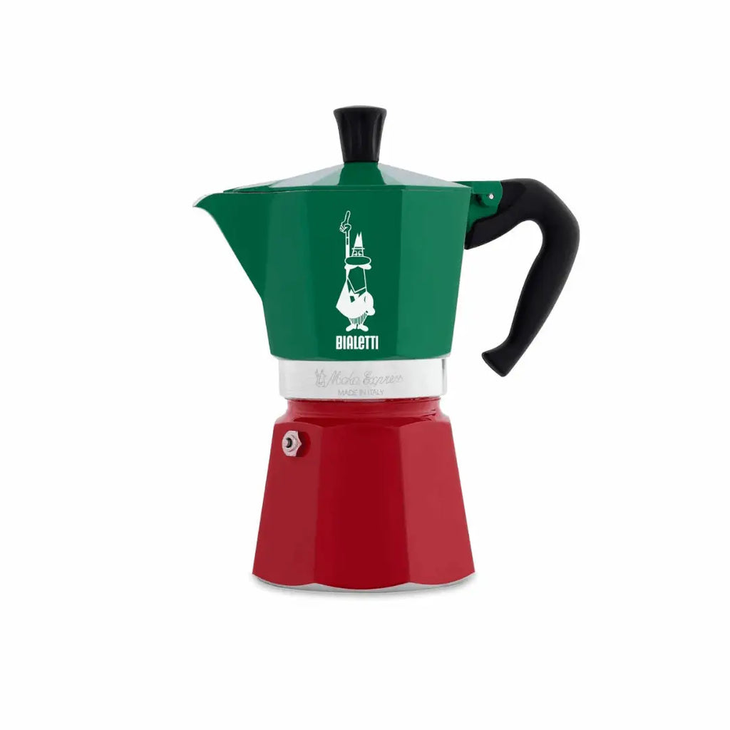 Green and red Bialetti coffee maker on a white background
