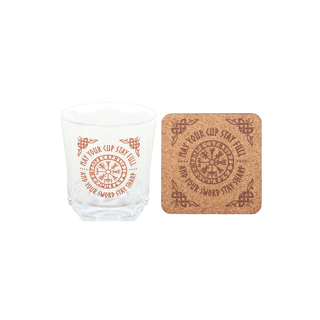 Clear glass with red text and cork coaster with similar design on a white background