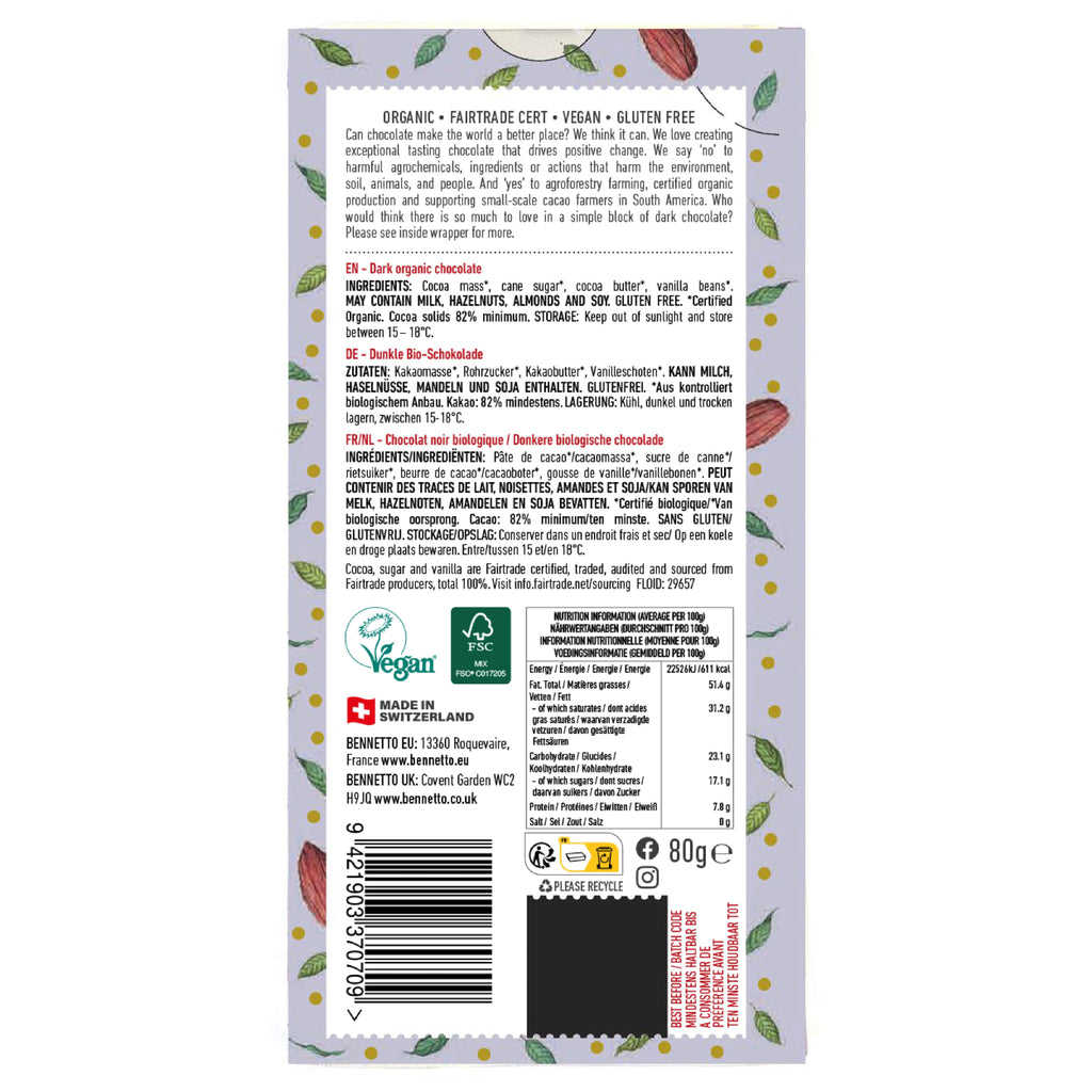 Back of a chocolate bar packaging with text and logos on a white background