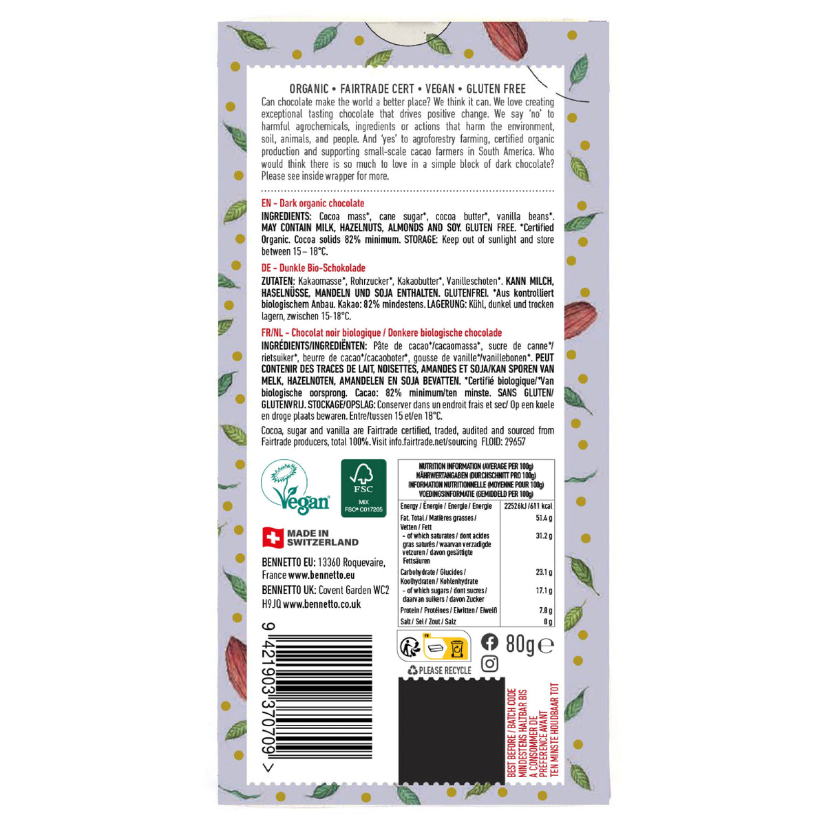 Back of a chocolate bar packaging with text and logos on a white background