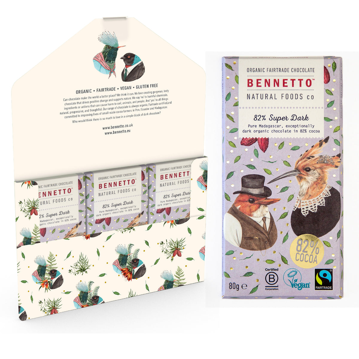 Bennetto chocolate packaging with bird illustrations on a white background