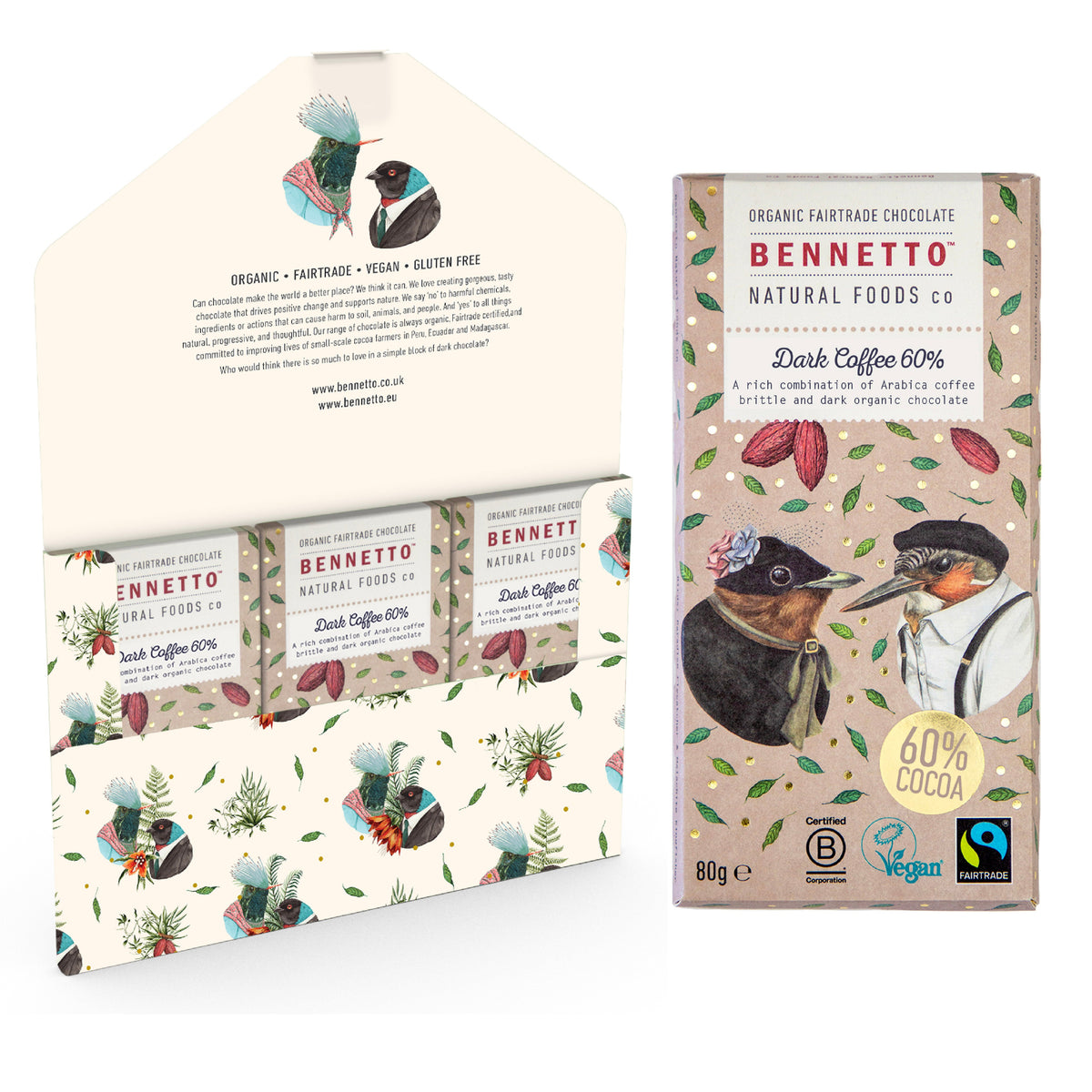 Bennetto Organic Fairtrade Chocolate packaging on a white background
