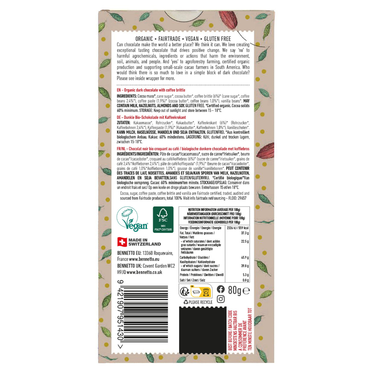 Back of a chocolate bar packaging with text and logos on a white background