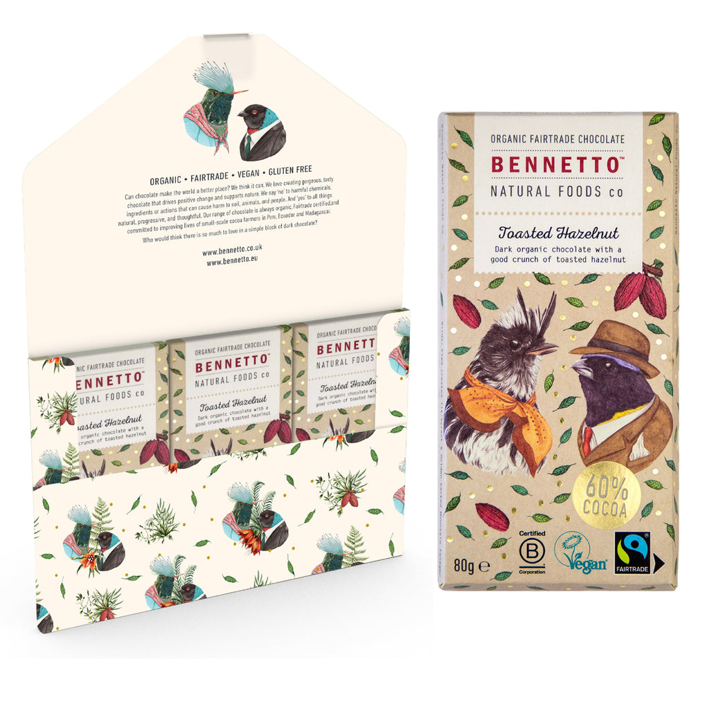 Bennetto chocolate packaging with bird illustrations on a white background