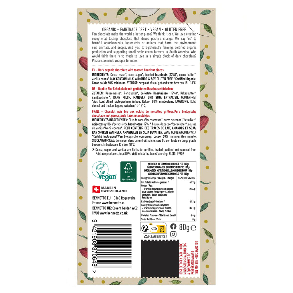 Back of a chocolate bar packaging with nutritional information and branding on a white background