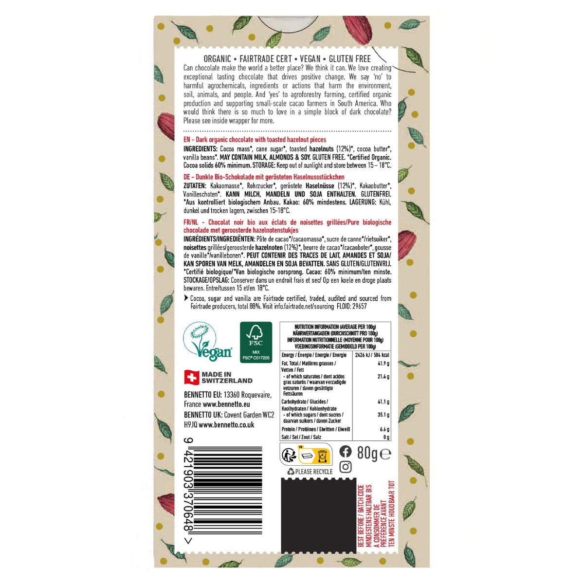 Back of a chocolate bar packaging with nutritional information and branding on a white background