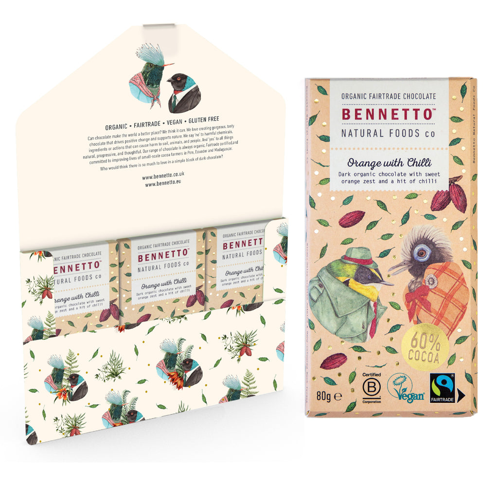 Bennetto chocolate packaging with colorful illustrations on a white background