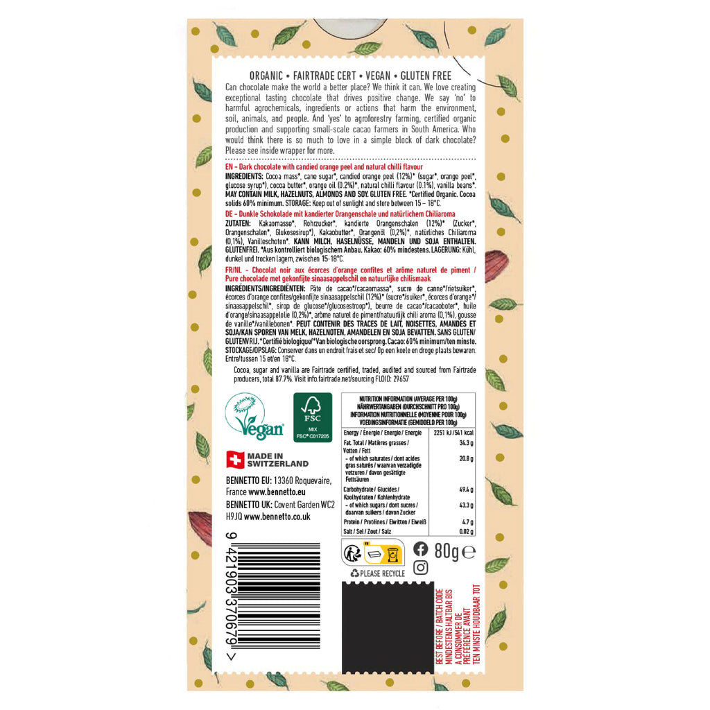 Back of a chocolate bar packaging with text and certification logos on a white background