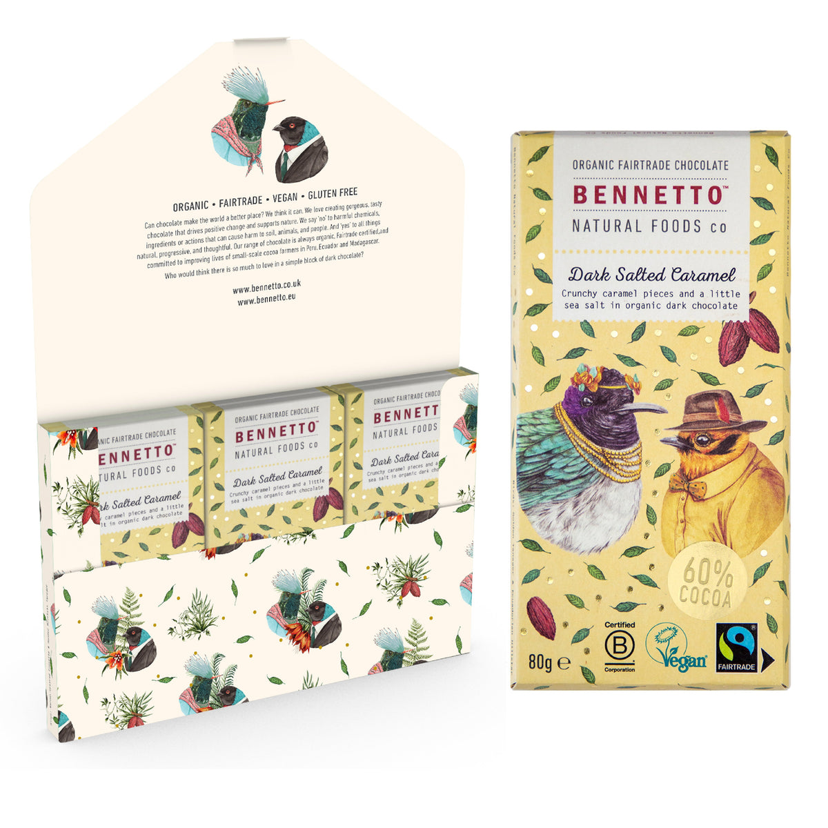 Chocolate packaging with bird illustrations on a white background