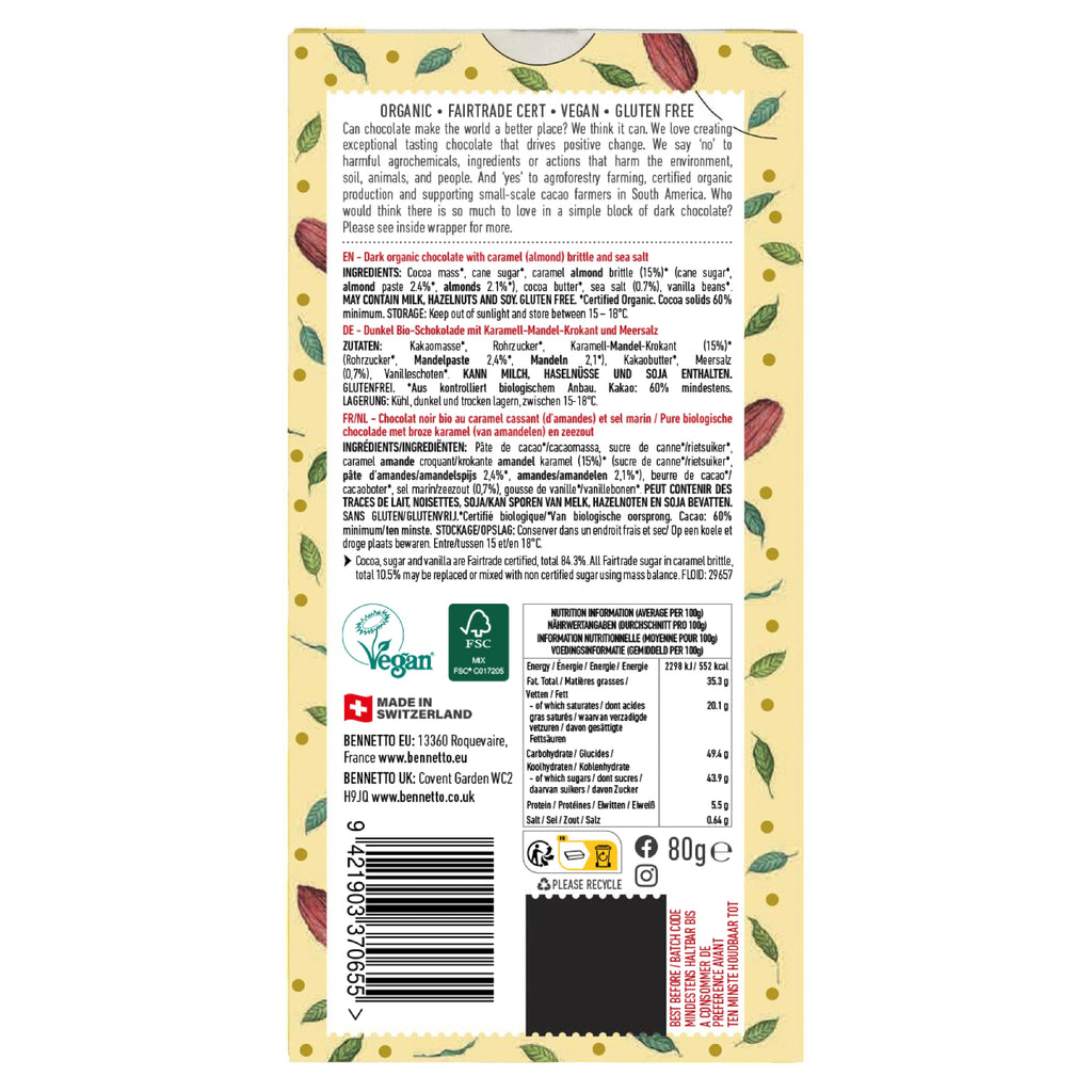 Back of a chocolate bar packaging with text and logos on a white background