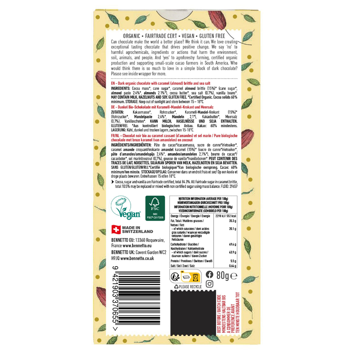 Back of a chocolate bar packaging with text and logos on a white background