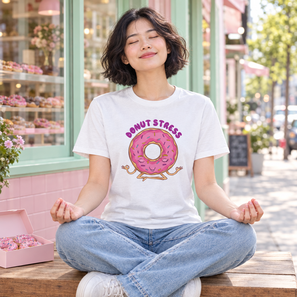 Female model wearing the Donut Stress T-shirt outside a pastel doughnut shop