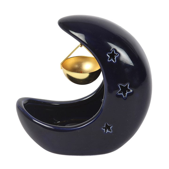 Decorative incense holder shaped like a crescent moon with stars and a gold bowl on a white background