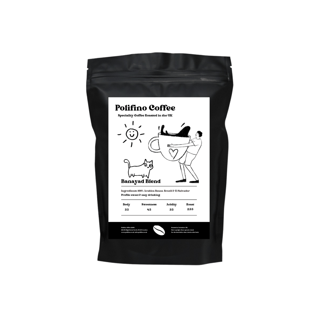 Black coffee bag with white label featuring Polifino Speciality Coffee Banayad Blend branding on a white background