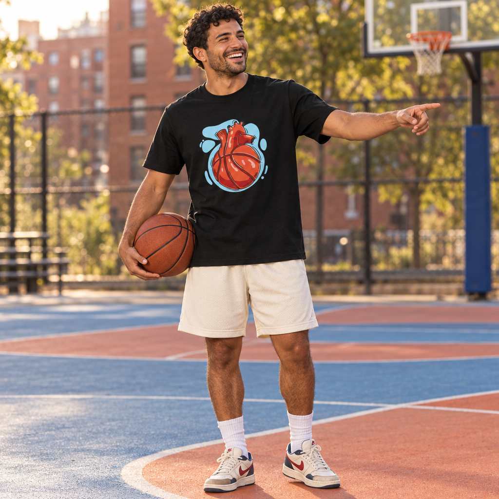 A man on an outdoor basketball court wearing a black graphic t-shirt with a red anatomical heart design, white shorts, white socks, and white sneakers with red accents. He is holding a basketball and pointing to the right.