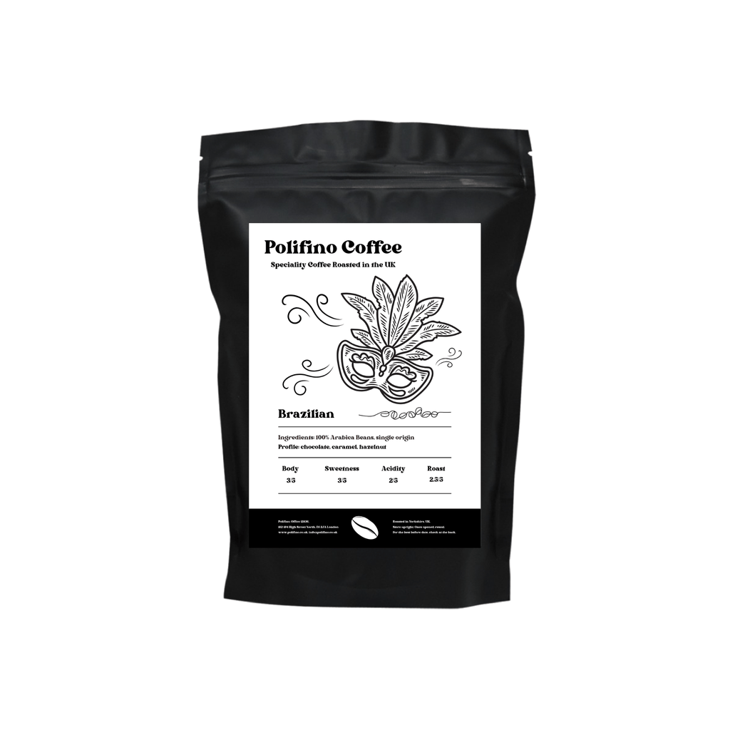 Black coffee bag with a white label featuring Polifino Speciality Coffee Brazilian Single Origin branding on a white background