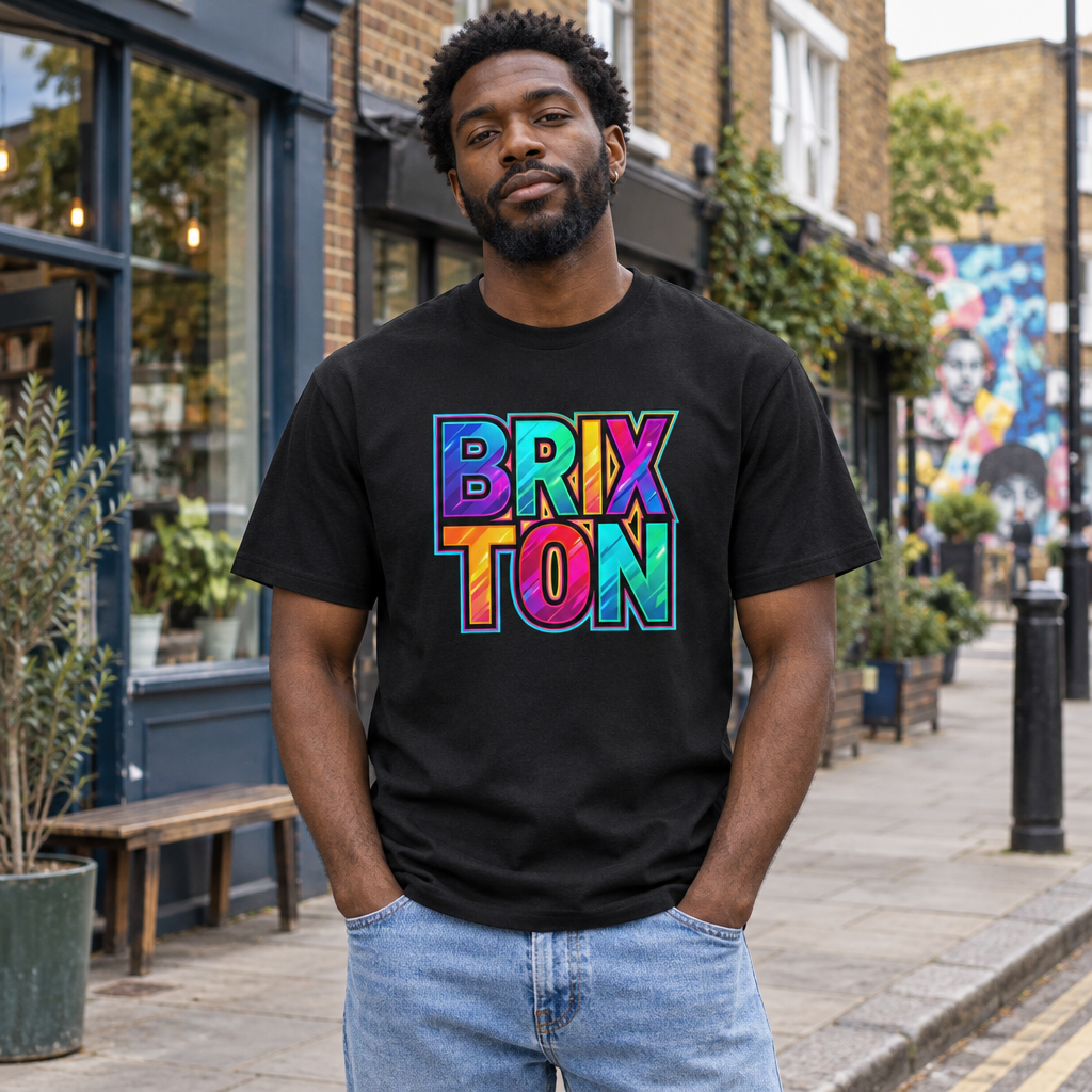 Model wearing the black Brixton T-shirt