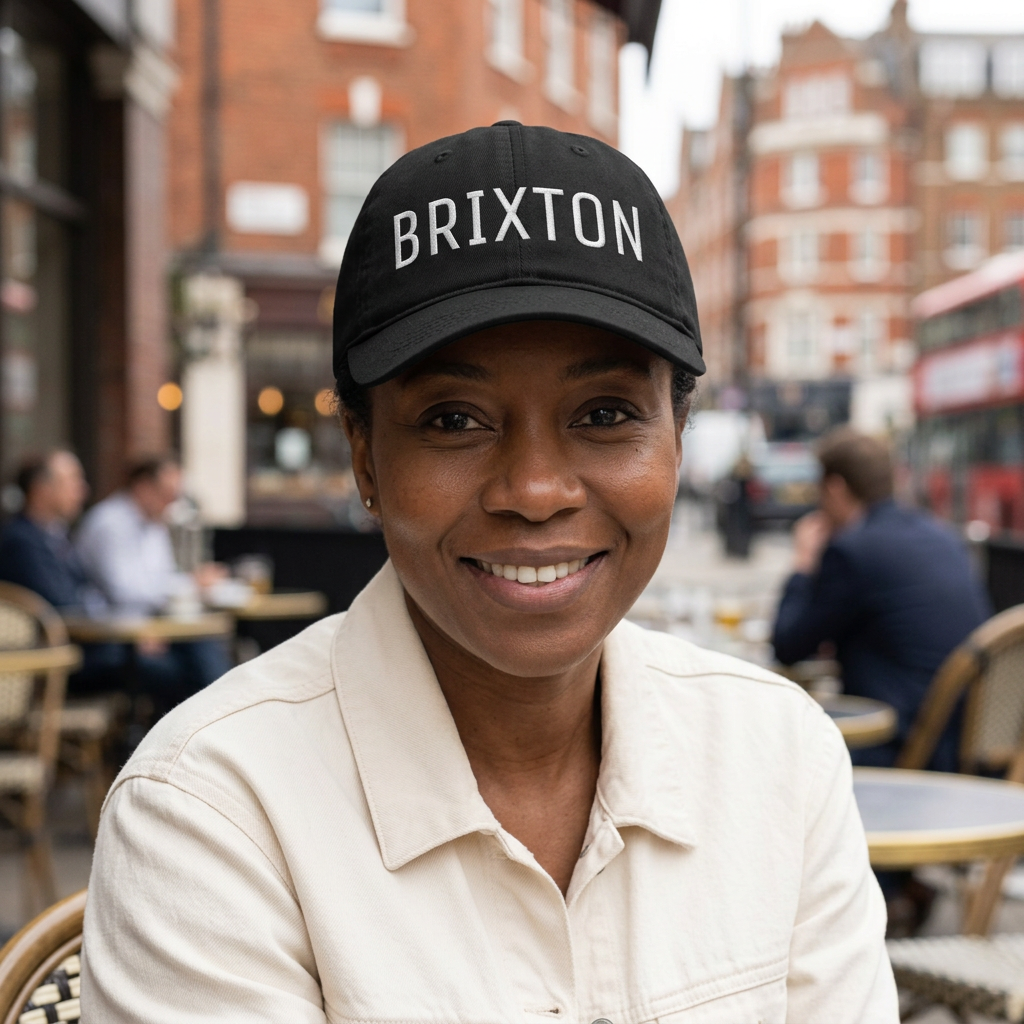A smiling woman wearing a black baseball cap with 'BRIXTON' in white lettering, seated at an outdoor cafe table with a blurred London street background.