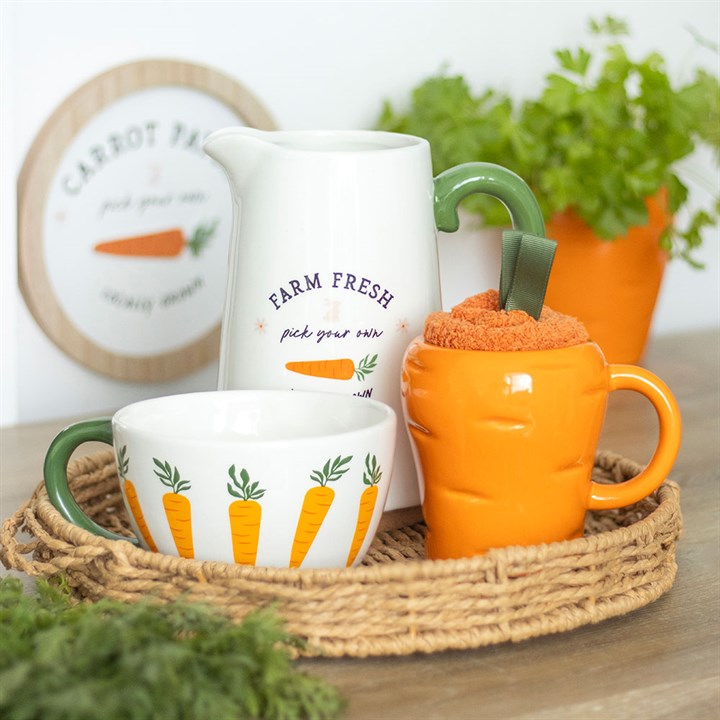 Set of ceramic decorative items with farm-themed designs on a woven tray.
