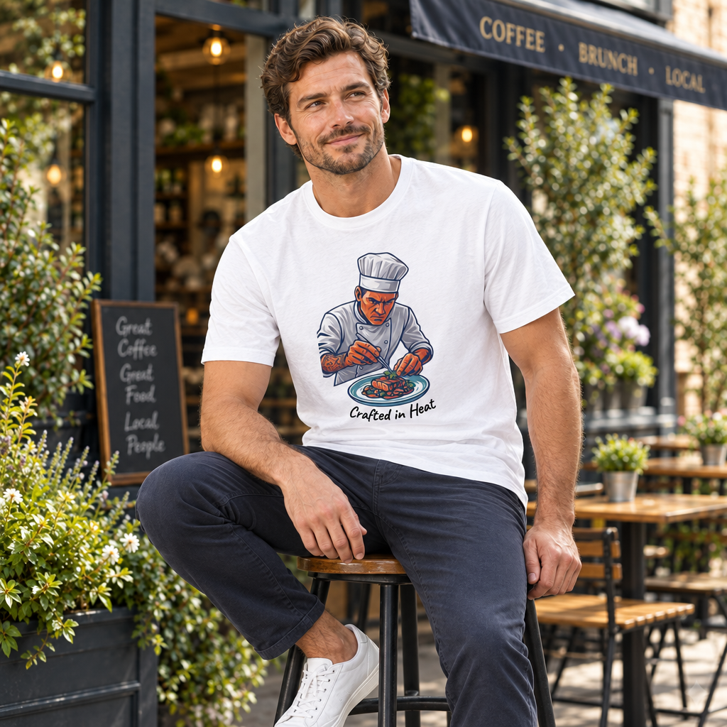A man sitting on a stool outside a coffee shop wearing a white graphic t-shirt with a chef illustration and the text 'Cooked in Heat'.