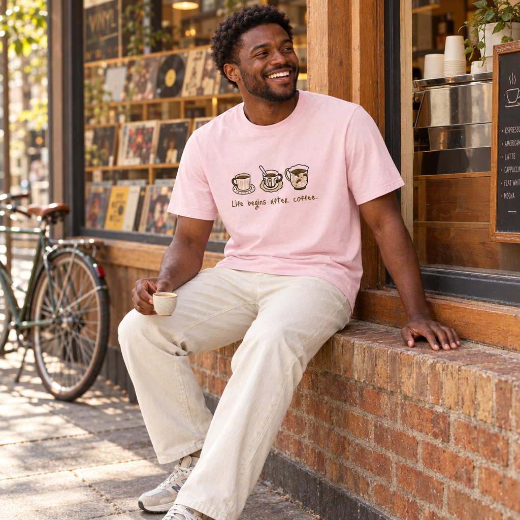 Male model wearing the pink Coffee Lover T-shirt outside a record shop