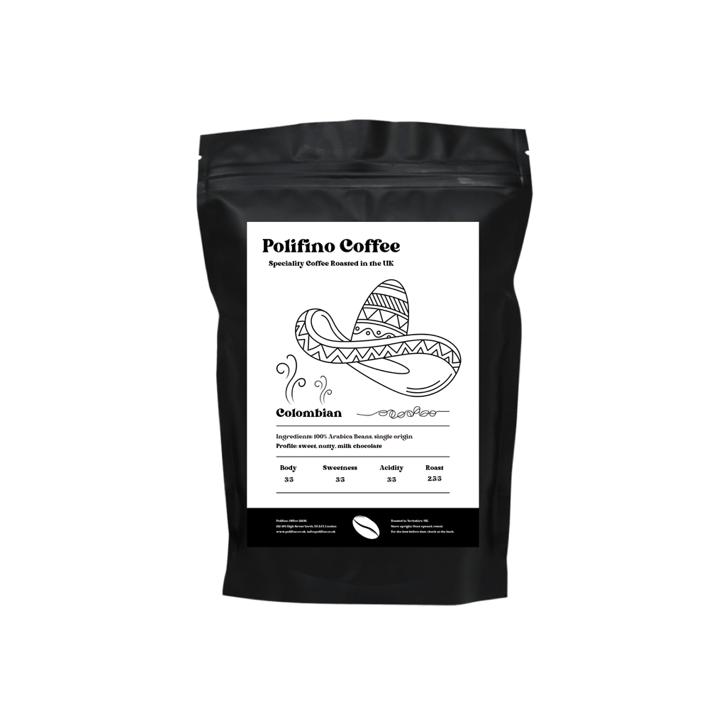 Black coffee bag with Polifino Speciality Coffee Colombian Single Origin label on a white background