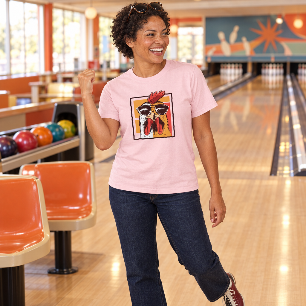 A woman in a bowling alley wearing a light pink t-shirt with a graphic of a rooster wearing sunglasses, paired with dark blue jeans.
