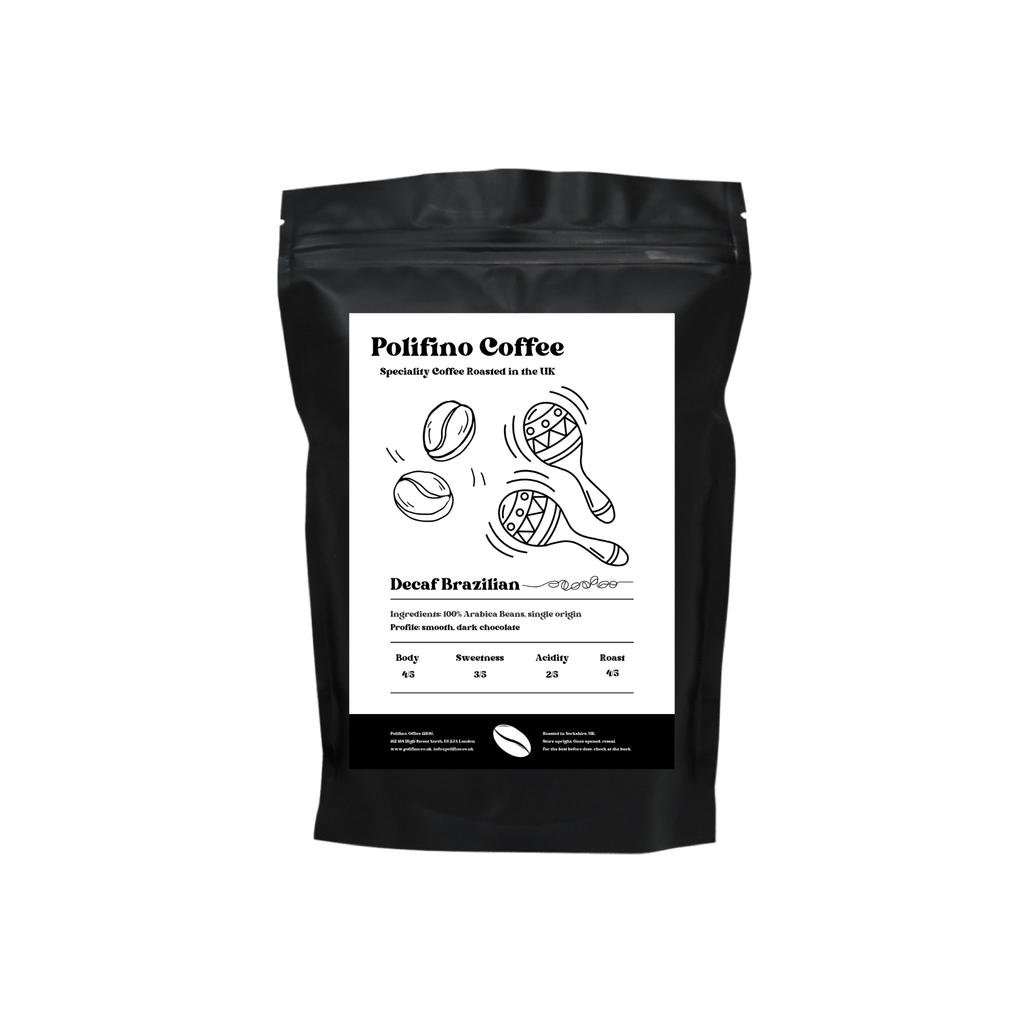 Black coffee bag with Polifino Speciality Coffee Decaf brazilian label on a white background