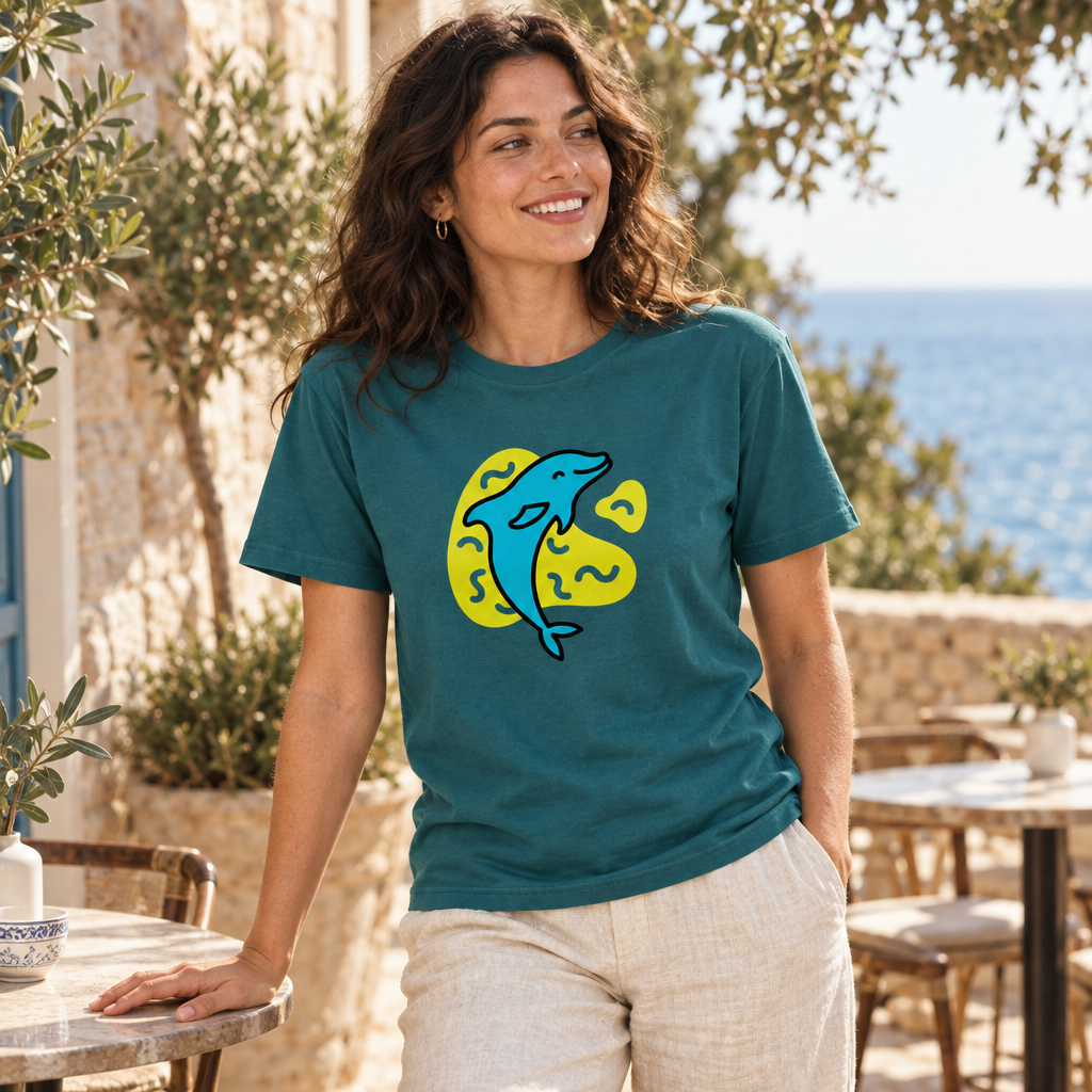 Female model wearing the dark teal Dolphin T-shirt at a sunlit coastal café