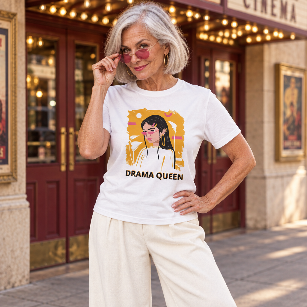 An older woman with short gray hair stands in front of a movie theatre entrance wearing a white graphic T-shirt with a colourful illustration and the words 'DRAMA QUEEN', paired with cream wide-leg pants.