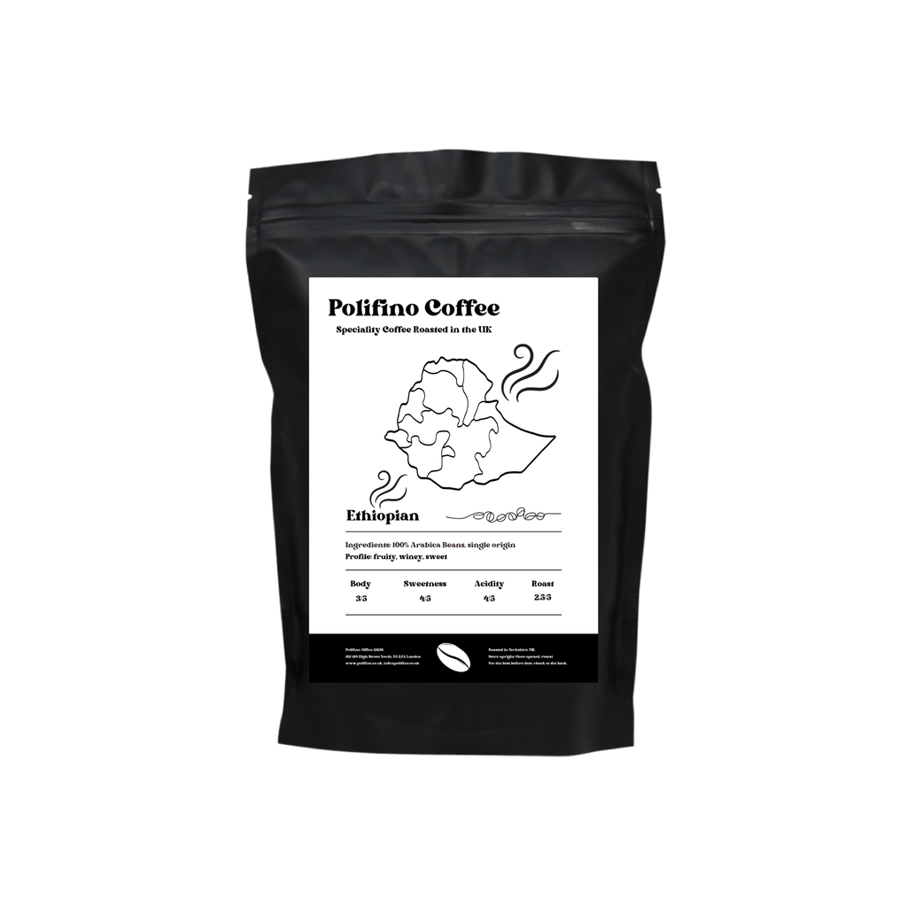 Black coffee bag with Polifino Speciality Coffee Ethiopian Single Origin label on a white background