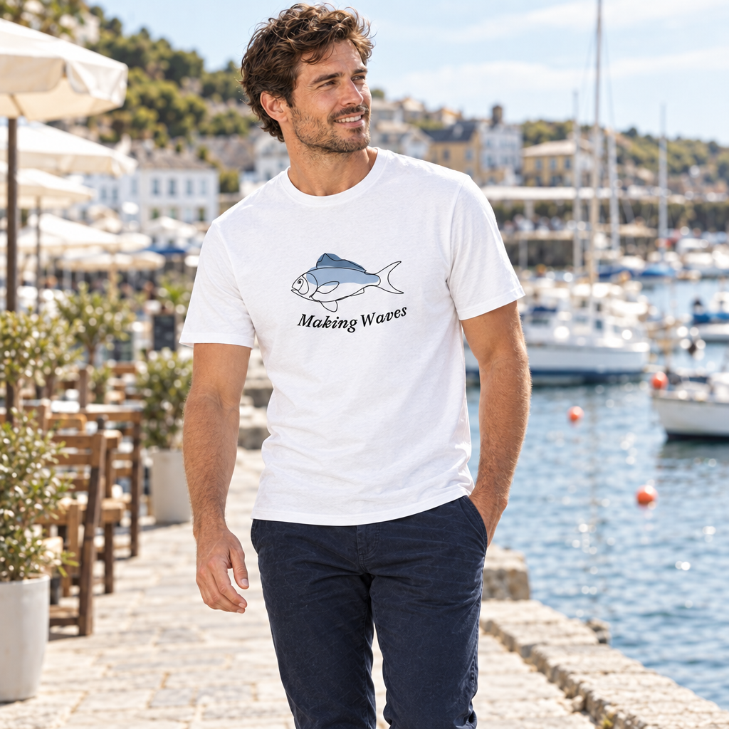 Model wearing a Fish Themed T-shirt 