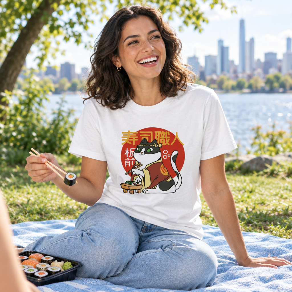A woman sitting outdoors by a lake on a blue picnic blanket, wearing a white graphic T-shirt with a colorful cat and sushi illustration and light blue jeans. She is holding chopsticks with sushi, and trees, water, and a city skyline are visible in the background.
