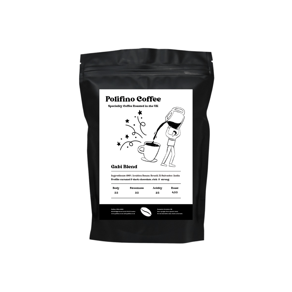 Black coffee bag with Polifino Speciality Coffee Gabi Blend branding on a white background