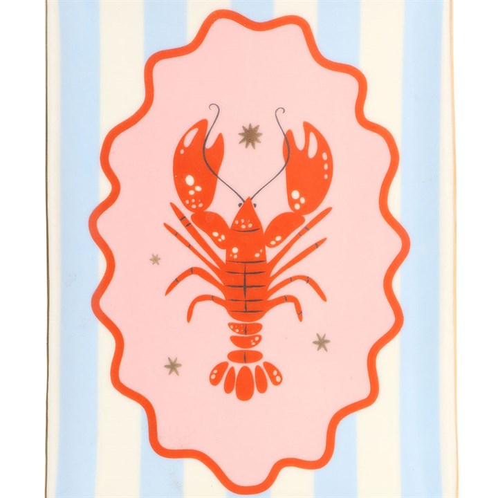 Red lobster illustration on a striped background