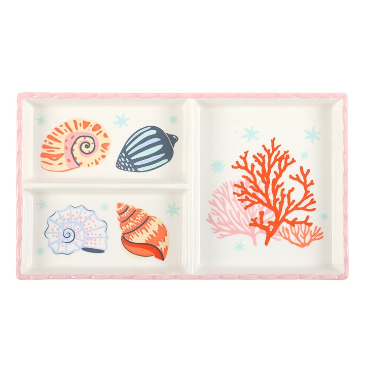 Divided plate with seashell and coral designs on a white background
