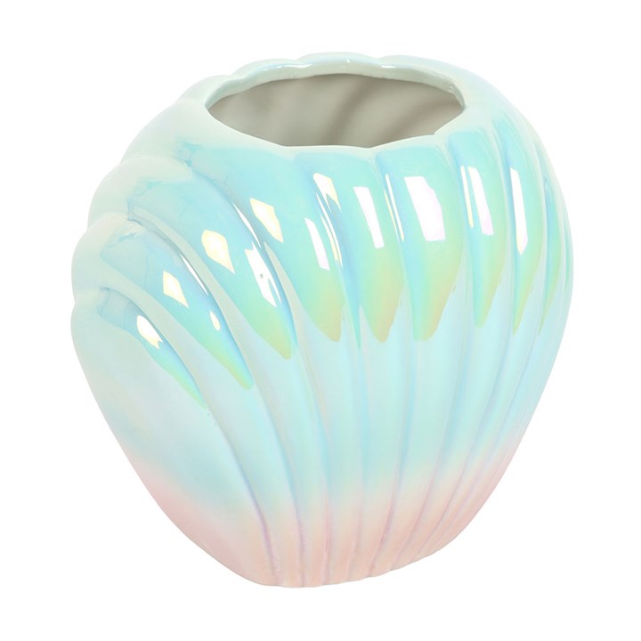 Ceramic vase with wavy texture in pastel colors on a white background