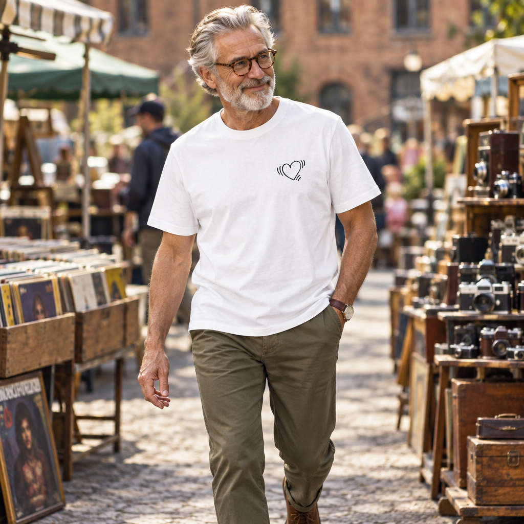 Model wearing the Hearted T-shirt walking through a vintage market