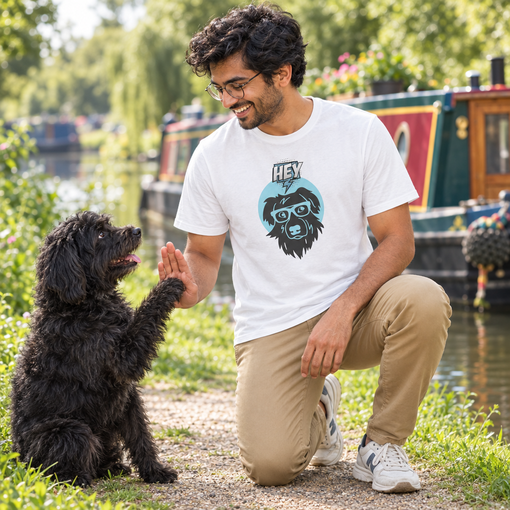A man kneels on a path next to a canal, high-fiving a small black dog. He is wearing a white graphic t-shirt with a cartoon dog wearing sunglasses and the word 'HEY' above it, paired with khaki pants and white sneakers.