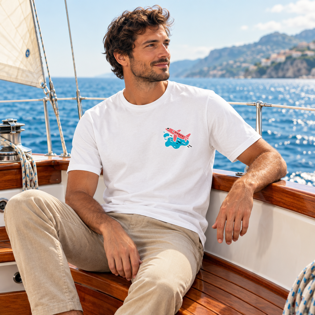 Square lifestyle photo of a model wearing the Holiday T-shirt on a sailboat