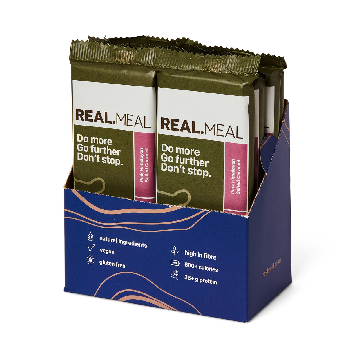Real Meal packaging with multiple packs in a display box on a white background
