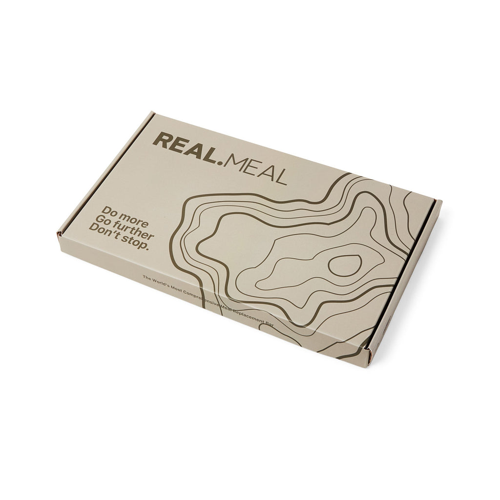 Beige 'REAL.MEAL' box with topographic design on a white background