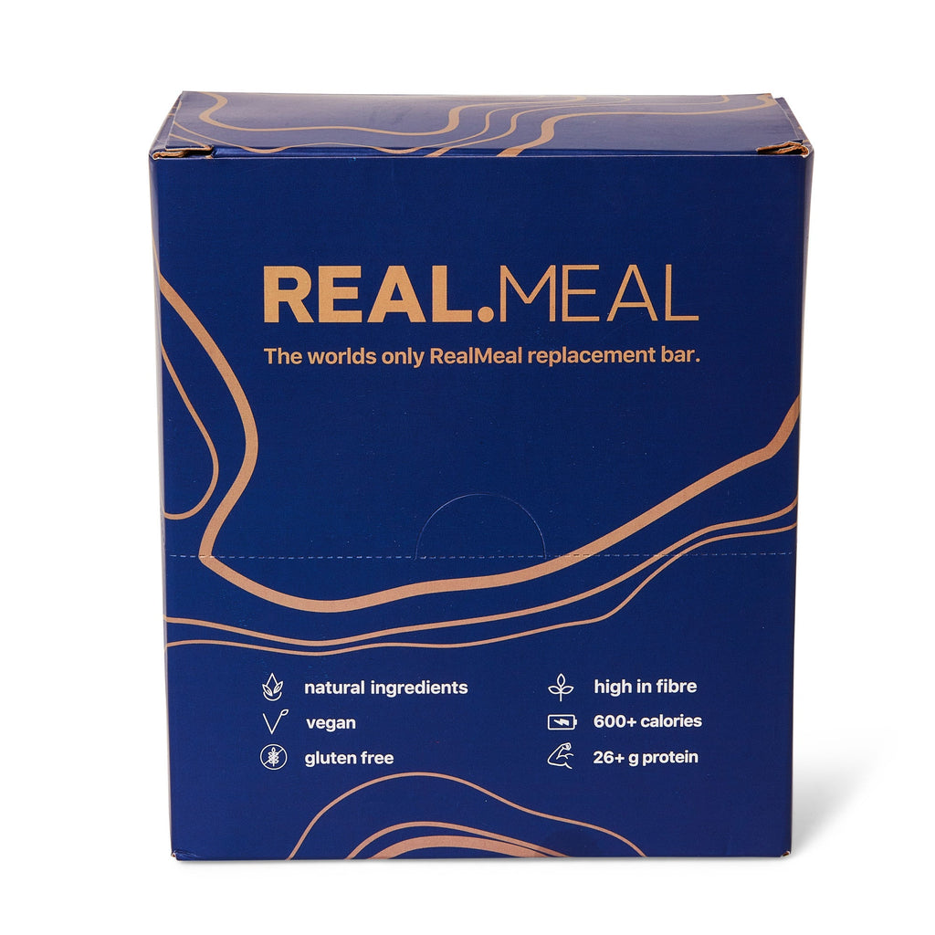 RealMeal replacement bar packaging with blue background and gold text