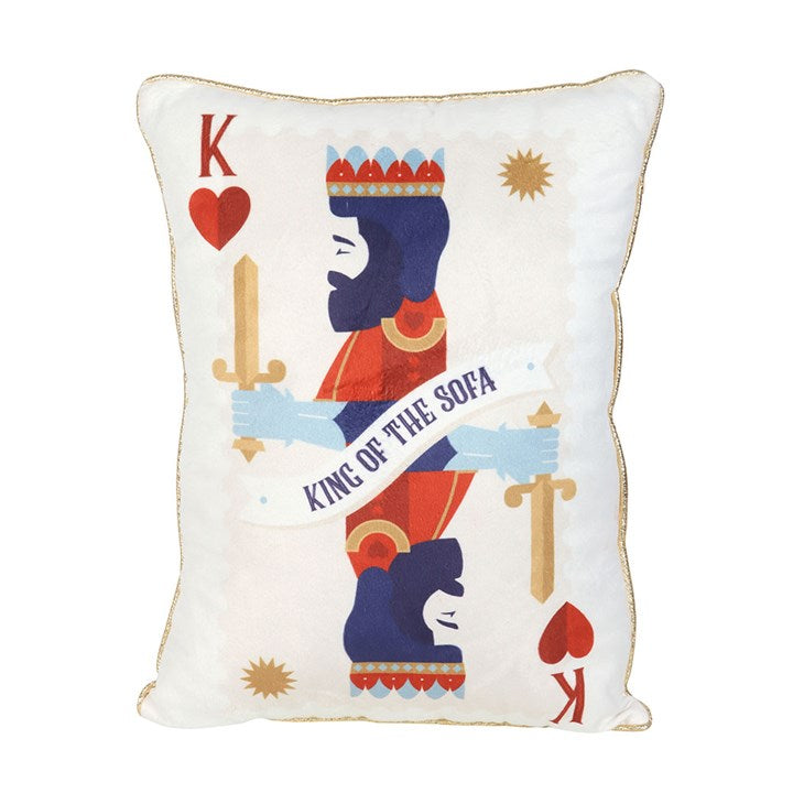 Decorative pillow with a king design and 'King of the Sofa' text on a white background