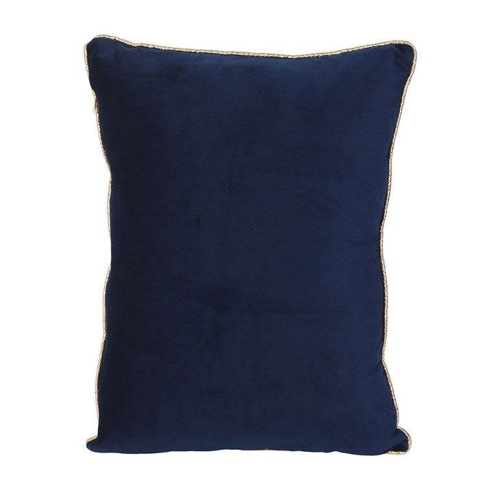 Dark blue pillow with gold trim on a white background