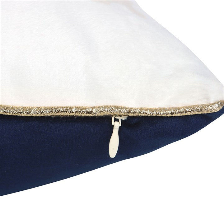 Dark blue blue pillow with a zipper on a white background